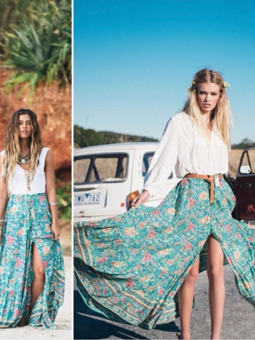 SPELL, folk town maxi skirt, UT Drop. Floral Teal Boho Maxi Skirt - Picture 9 of 10